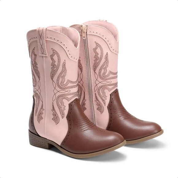 Kids Girls Pink/Brown Cowgirl Western Boots Mid Calf Horse Riding Booties Shoes - Picture 6 of 6